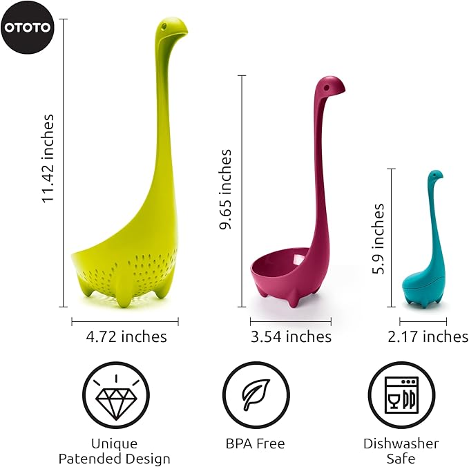 The Nessie Family by OTOTO - Pack of 3 Tea Infuser, Soup Ladle, and Colander - Cute Kitchen Accessories, Cooking Gifts, Funny Kitchen Gadgets, Kitchen Gifts