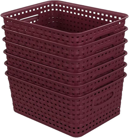 Sandmovie Plastic Weave Storage Baskets for Kitchen Bathroom, Wine Red, 6 Packs, F