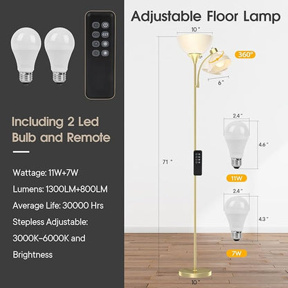 GERGO Led Floor Lamp, Super Bright 11W+7W 2100LM Torchiere Floor Lamps for Living Room, Stepless Adjustable 4 Color Temperatures 3000K-6000K with Remote Control for Bedroom(Golden)