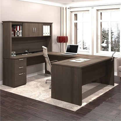 Atlin Designs 66" W x 95.5" D Modern Contemporary U-Shaped Wood Computer Desk with Hutch, for Home Office, Fully Reversible Unit, in Mahogany Finish