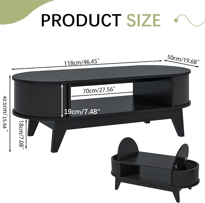 Coffee Table with 2 Hidden Storage,Mid Century Modern Coffee Table with Fluted Finish,Wood Center Tables Oval Coffee Tables with Flip-Top Lids for Living Room Home Office (Black)