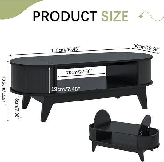 Coffee Table with 2 Hidden Storage,Mid Century Modern Coffee Table with Fluted Finish,Wood Center Tables Oval Coffee Tables with Flip-Top Lids for Living Room Home Office (Black)