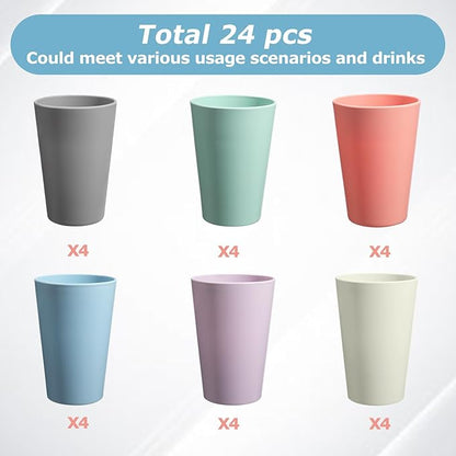 24 Pcs Unbreakable Plastic Cups Set, 14 oz Reusable Plastic Cups, Stackable Water Tumblers, Drinking Cup for Kitchen, Outdoor, BPA-free, Dishwasher Refrigerator and Microwave Safe (14 oz, 6 Colors)