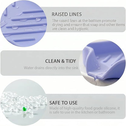 MicoYang Silicone Soap Dish with Drain Spout, Self-Draining Sink Organizer Tray for Bathroom & Kitchen, Sponges, Dispensers & Soap Holder, Non-Slip & Dishwasher Safe, Light Purple (Compact, 4.9"×3.2")