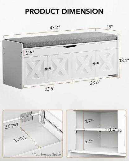 Amada Shoe Storage Bench, 47.2" Long Entryway Bench with Cushioned Seat & Lift Top Storage, 4 Doors, Adjustable Shelf, 300 lbs Capacity, Bench with Shoe Rack for Entryway, Bedroom, Living Room, White