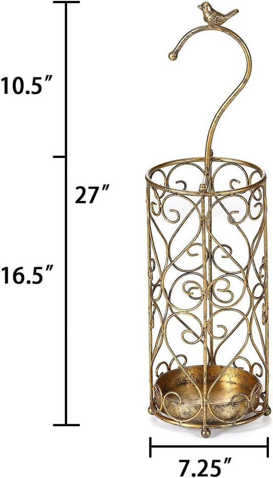 Umbrella Rack Stand,Umbrella Rack for Entryway,Canes Walking Sticks,Cast Iron Bird Handle and Drip Tray (Antique Gold)