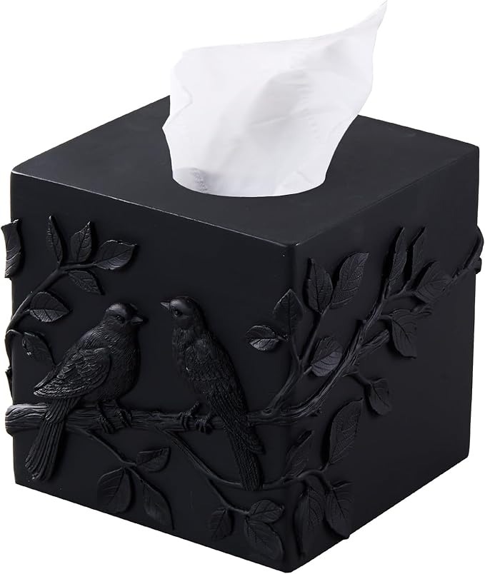 Black Marble Relief Birds Square Tissue Box Cover Decorative,Resin Heavy Sturdy Tissue Box Holder, Facial Paper Holder for Bathroom Vanity Countertop, Bedroom Night Stand,Office and End Table