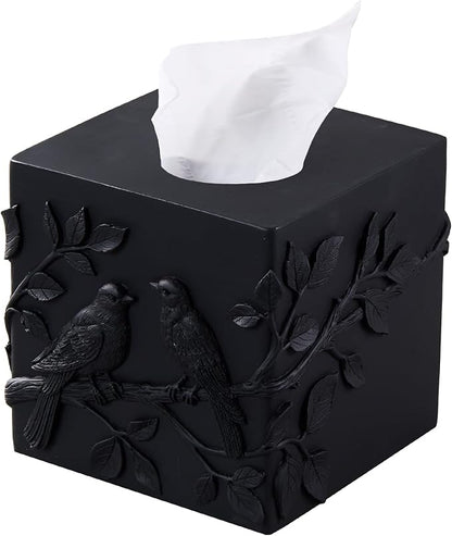 Black Marble Relief Birds Square Tissue Box Cover Decorative,Resin Heavy Sturdy Tissue Box Holder, Facial Paper Holder for Bathroom Vanity Countertop, Bedroom Night Stand,Office and End Table