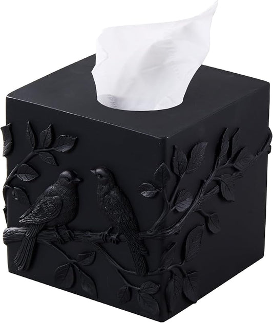 Black Marble Relief Birds Square Tissue Box Cover Decorative,Resin Heavy Sturdy Tissue Box Holder, Facial Paper Holder for Bathroom Vanity Countertop, Bedroom Night Stand,Office and End Table