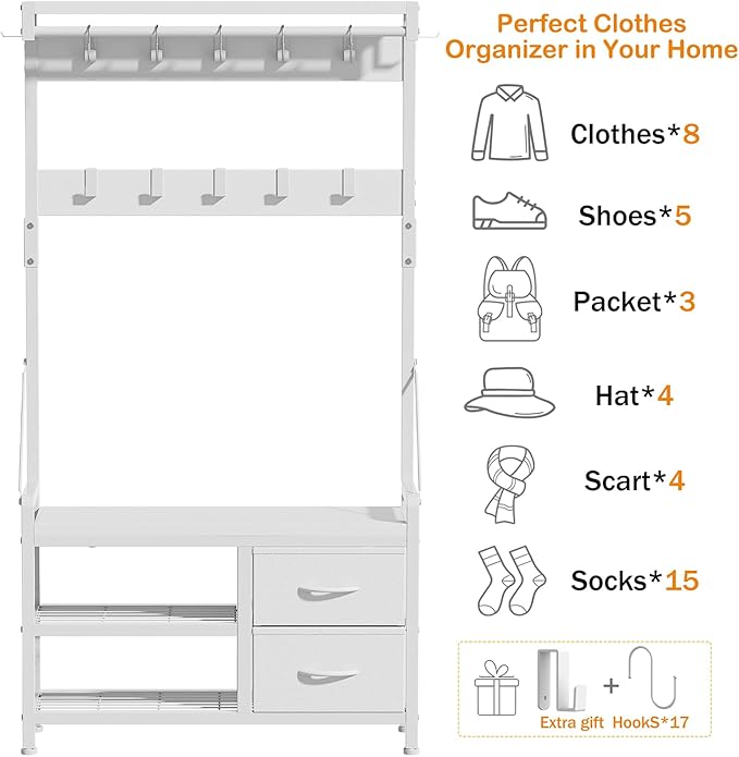 Lulive Hall Tree, 31.5” Entryway Bench with Coat Rack freestanding, 5 in 1 Intelligent Design Shoe Bench and Wall Rack 17 Hooks and Drawers (White)