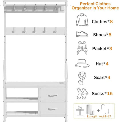 Lulive Hall Tree, 31.5” Entryway Bench with Coat Rack freestanding, 5 in 1 Intelligent Design Shoe Bench and Wall Rack 17 Hooks and Drawers (White)