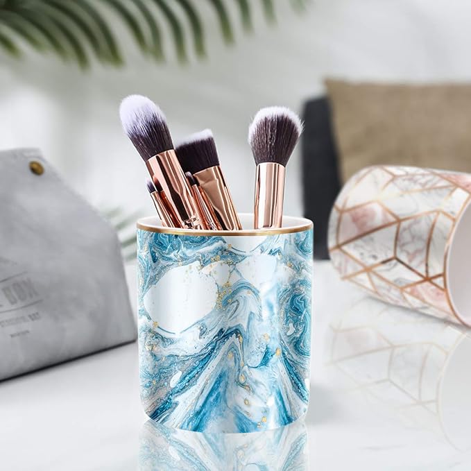 WAVEYU Pen Pencil Holder for Desk, Marble Desk Decor Organizer, Durable Ceramic Pencil Cup Holder Marble Design Makeup Cups for Brushes for Office, Classroom, Blue