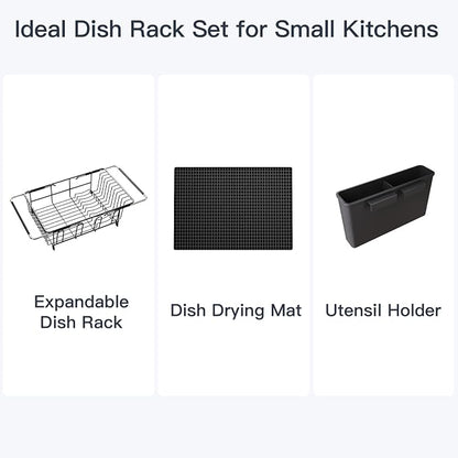 MAJALiS Dish Drying Rack Over The Sink with Utensil Holder, Mat | Expandable Stainless Steel Dish Drainer for Small Kitchen, Apartment, RV, Counter Space Saving, Perfect Fit, Rustproof