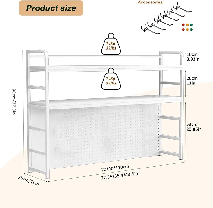 2-Tier Desktop Bookshelf Hutch - Metal Desk Shelf Bookcase with Desk Pegboard Countertop Storage Organizer Rack for Dorm or Office (B, 110cm/43in)