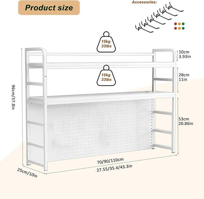 2-Tier Desktop Bookshelf Hutch - Metal Desk Shelf Bookcase with Desk Pegboard Countertop Storage Organizer Rack for Dorm or Office (A, 110cm/43in)
