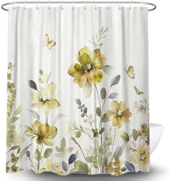 Yellow Floral Shower Curtain, Yellow Lavender Floral Butterfly Boho Shower Curtains for Bathroom, Farmhous Flower Cute Fabric Shower Curtain Set with 12PCS Hooks, 60X70IN