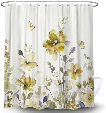 Yellow Floral Shower Curtain, Yellow Lavender Floral Butterfly Boho Shower Curtains for Bathroom, Farmhous Flower Cute Fabric Shower Curtain Set with 12PCS Hooks, 60X70IN