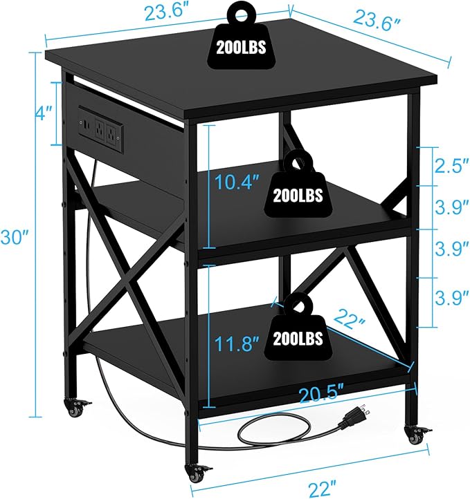 TUMAN Pro Large Printer Stand with Power Outlet and Storage 3 Tier Mobile Rolling Cart with Locking Casters 23.6 x 23.6 x 30 Inches Home Office Black