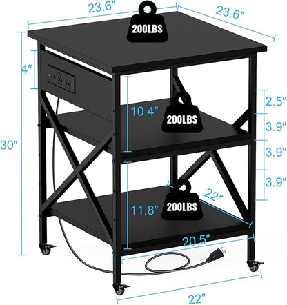 TUMAN Pro Large Printer Stand with Power Outlet and Storage 3 Tier Mobile Rolling Cart with Locking Casters 23.6 x 23.6 x 30 Inches Home Office Black