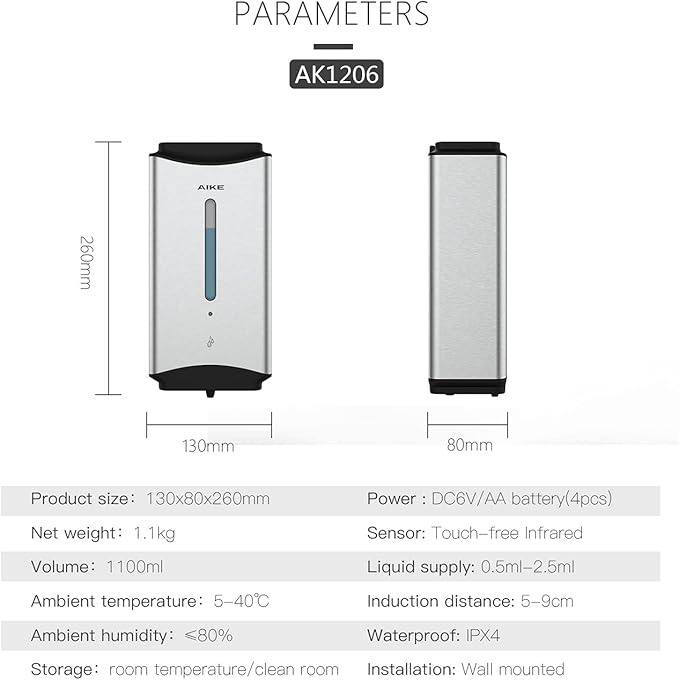AIKE Automatic Soap Dispenser Commercial Wall Mounted Liquid Dispenser Brushed Stainless Steel Finish 1100ml Large Capacity