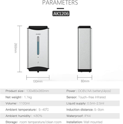 AIKE Automatic Soap Dispenser Commercial Wall Mounted Liquid Dispenser Brushed Stainless Steel Finish 1100ml Large Capacity