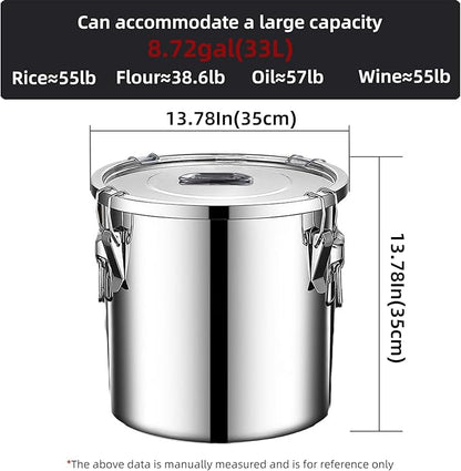 304 stainless steel food storage containers with lids lock clips airtight container large airtight for rice flour sugar grain coffee bean storage containers Kitchen jar (8.72gal/33L)