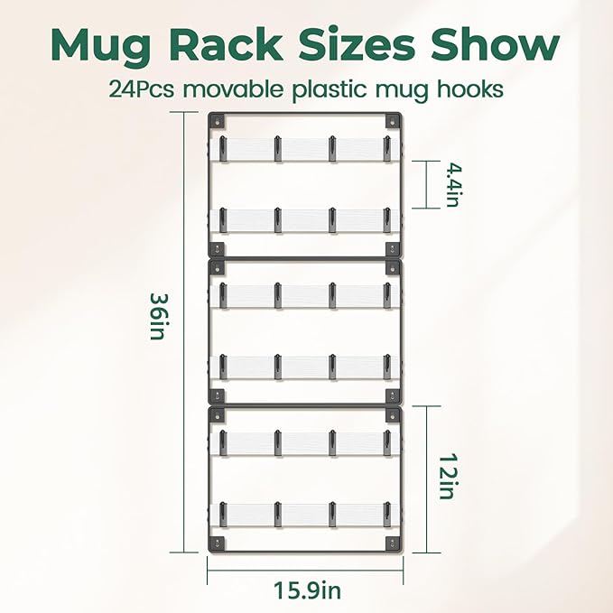EsLuker.ly Mug Holder Hanger Rack Wall Mounted Wooden 3 Pack Coffee Cup Storage Organizer Display Shelf with 24 Movable Plastic Hooks, Ideal for Mug Collectors, White-Black