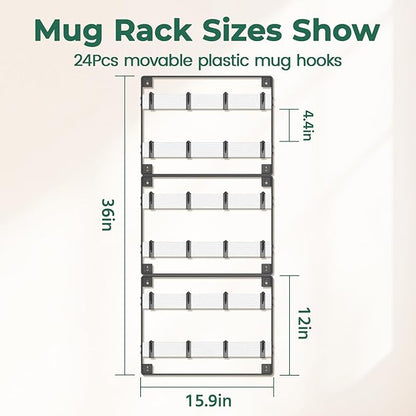 EsLuker.ly Mug Holder Hanger Rack Wall Mounted Wooden 3 Pack Coffee Cup Storage Organizer Display Shelf with 24 Movable Plastic Hooks, Ideal for Mug Collectors, White-Black