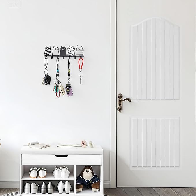 Key Holder Wall Mounted with Screws and Anchors, Black Multifunctional Key Hanger with 7 Hooks, Entryway Front Door Kitchen Hallway Garage Office