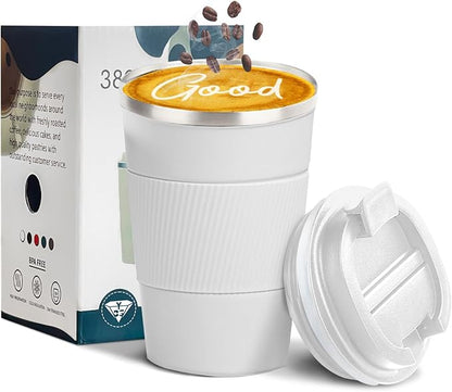 YINBAOGE Insulated Travel Coffee Mug, Spill & Leak Proof, Portable To Go Camping Stainless Steel Coffee Tumbler, Reusable Thermal Coffee Cup with Lid for Hot & Cold Drinks (White, 12 OZ)