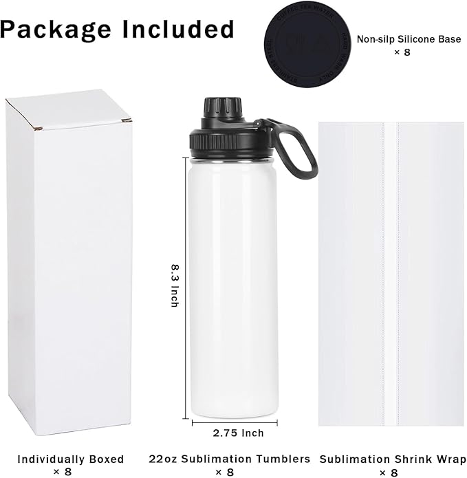 Sublimation Sports Water Bottle Blanks Bulk, 22 oz Sublimation Tumblers, Stainless Steel Double Wall Insulated Sublimation Cups with Portable Handle, Individually Boxed (8 Pack)