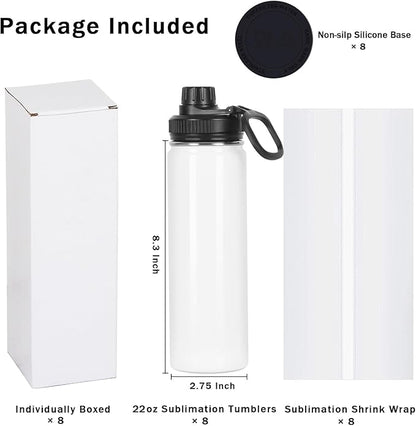 Sublimation Sports Water Bottle Blanks Bulk, 22 oz Sublimation Tumblers, Stainless Steel Double Wall Insulated Sublimation Cups with Portable Handle, Individually Boxed (8 Pack)