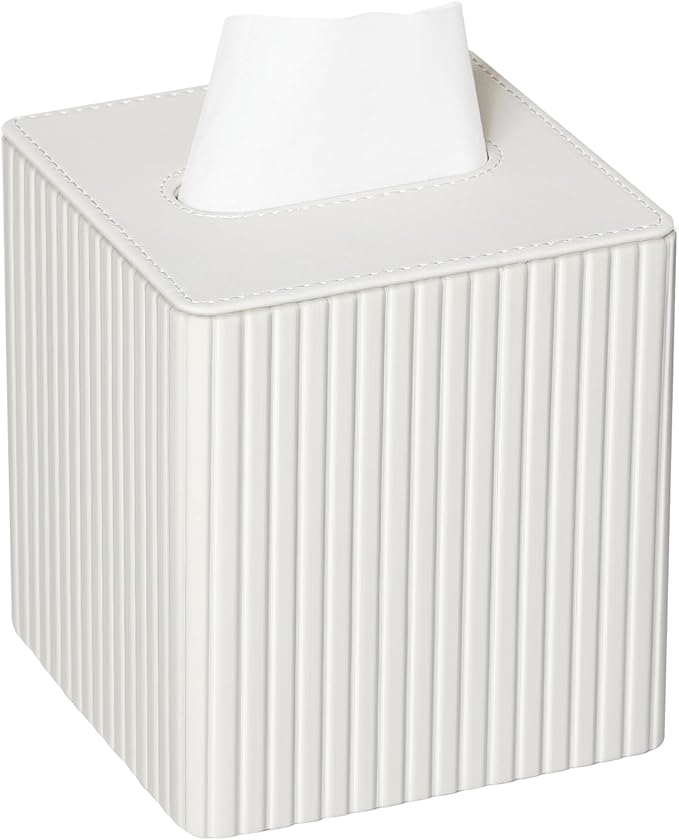 MEIBOOCH PU Leather Tissue Box Cover Square Tissue Box Holder with Magnetic Closure (Ivory Stripe)