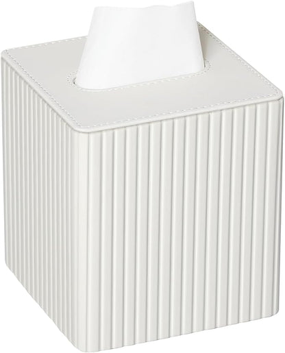 MEIBOOCH PU Leather Tissue Box Cover Square Tissue Box Holder with Magnetic Closure (Ivory Stripe)