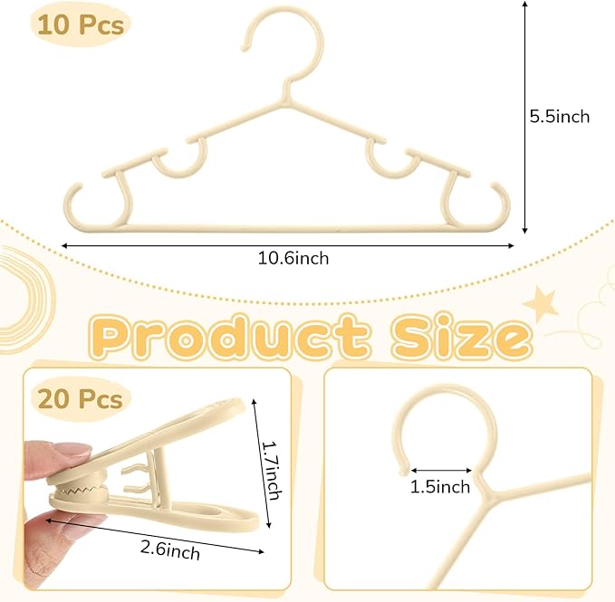 Hsei 5/10/40 Pack Baby Hangers with 10/20/80 Clips, Plastic Kids Pants Hangers for Nursery Closet Top and Bottom Clothes Hanger Set for Newborn Infant Toddler(30 Packs Total,Yellow,10.6 Inch)