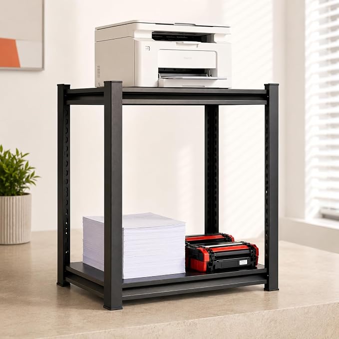Printer Stand with Storage, 2-Tier Industrial Heavy Duty All-Metal Office Organizer Shelf, Space-Saving Storage Rack for Printer, Scanner, Copier, Paper and Office Supplies, Black,22"H×15.7"W×15.7"W