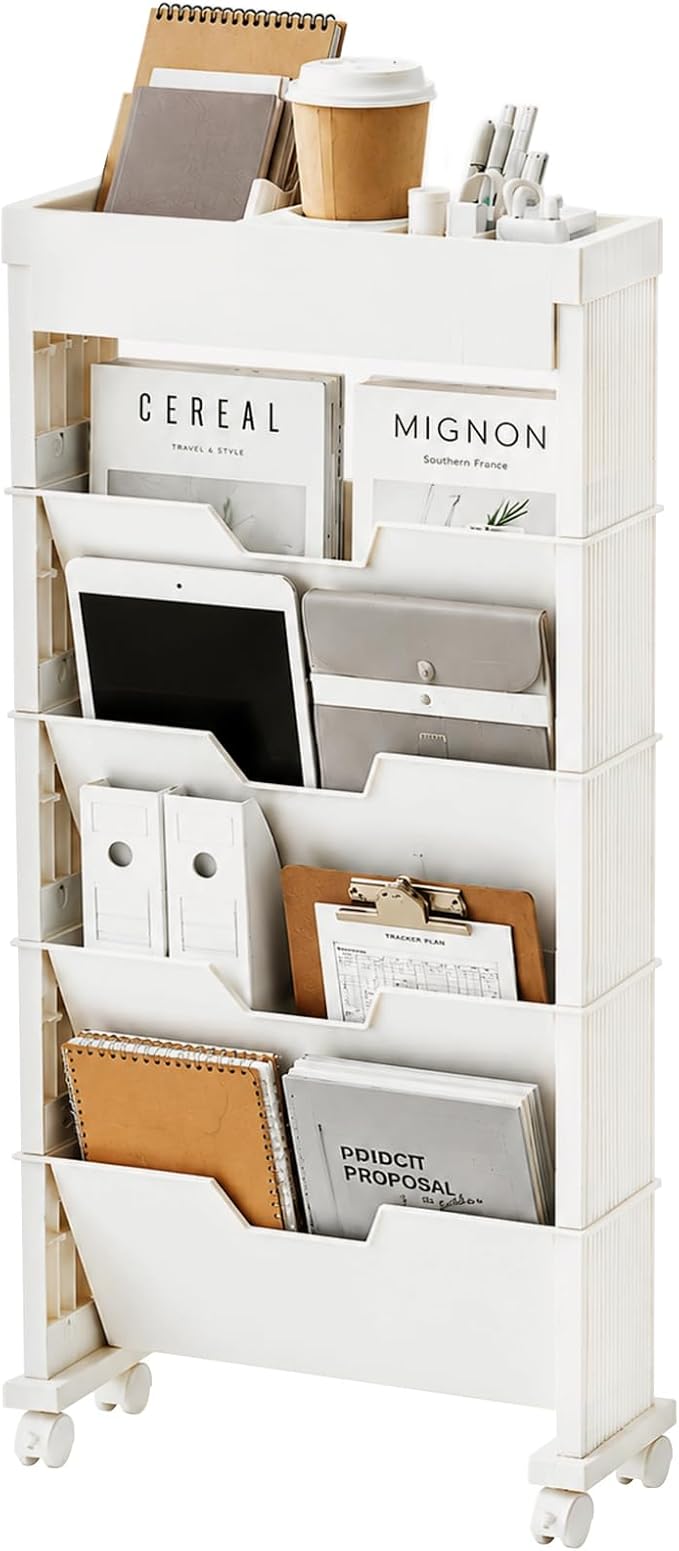SDLP 5-Tier Rolling Bookshelf, Rolling Book carts with Wheels,Book Storage Rack,Utility Carts, Movable File Folder Organizer Cart for Home,Study,Office,Living Room,Classroom, (White, 5 Tier)