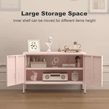 Metal Cabinets,2 Door Cabinet with Adjustable Shelf,Pink Storage Cabinet for Bedroom,Living Room,Pink