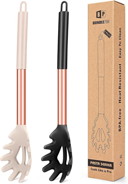 Pack of 2 Silicone Pasta Fork, Kitchen Heat Resistant Noodle Spoon Server, BPA Free Spaghetti Strainer, Best Cooking Tools (ROSE GOLD BLACK-KHAKI)