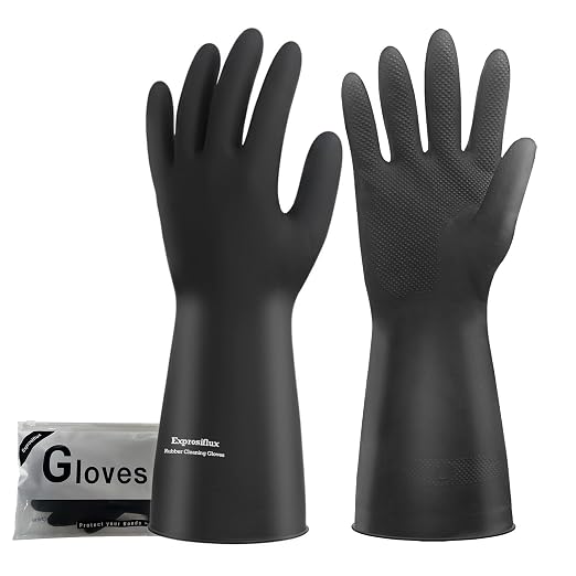 Heavy-Duty Thick Black Rubber Cleaning Gloves, 1 Pair, XL | Reusable & waterproof black/orange dual layers. Non-slip design for dishwashing, kitchen cleaning, and auto care.