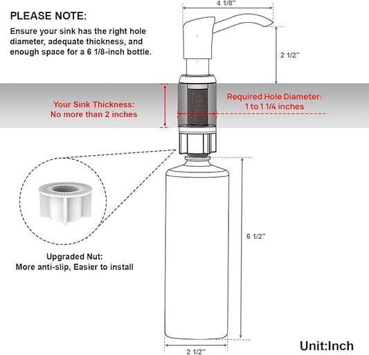 GAGALIFE Built in Sink Soap Dispenser or Lotion Dispenser for Kitchen Sink, Brushed Gold ABS Pump Head, with 17 Ounce Large PET Soap Bottle