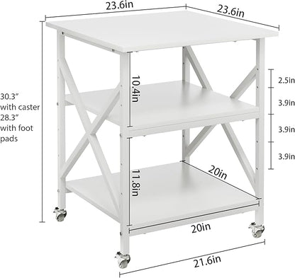 Ollieroo 3 Tier Printer Stand, Large Table with Wheels, Rolling Cart with Height Adjustable Middle Storage Shelf, 23.6 x 23.6 x 30.3 Inches Shelf for Home Office, White