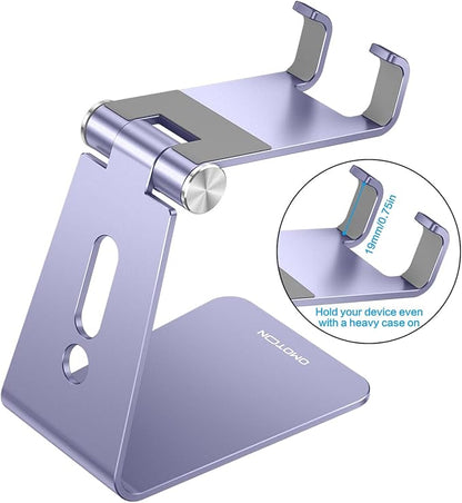 OMOTON Adjustable Cell Phone Stand, C2 Aluminum Desktop Cellphone Stand with Anti-Slip Base and Convenient Charging Port, Fits All Smart Phones, Haze Purple