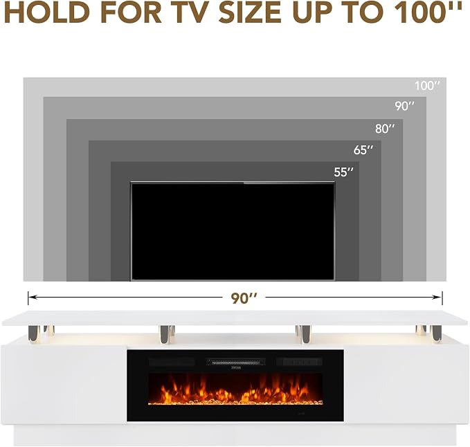 90" TV Stand for Living Room, Large Entertainment Center & Media Console, Fits TVs up to 100", Storage Cabinet with Shelves, 50" Electric Fireplace, White & Black