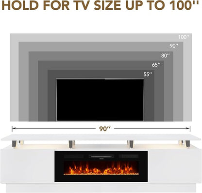 90" TV Stand for Living Room, Large Entertainment Center & Media Console, Fits TVs up to 100", Storage Cabinet with Shelves, 50" Electric Fireplace, White & Black