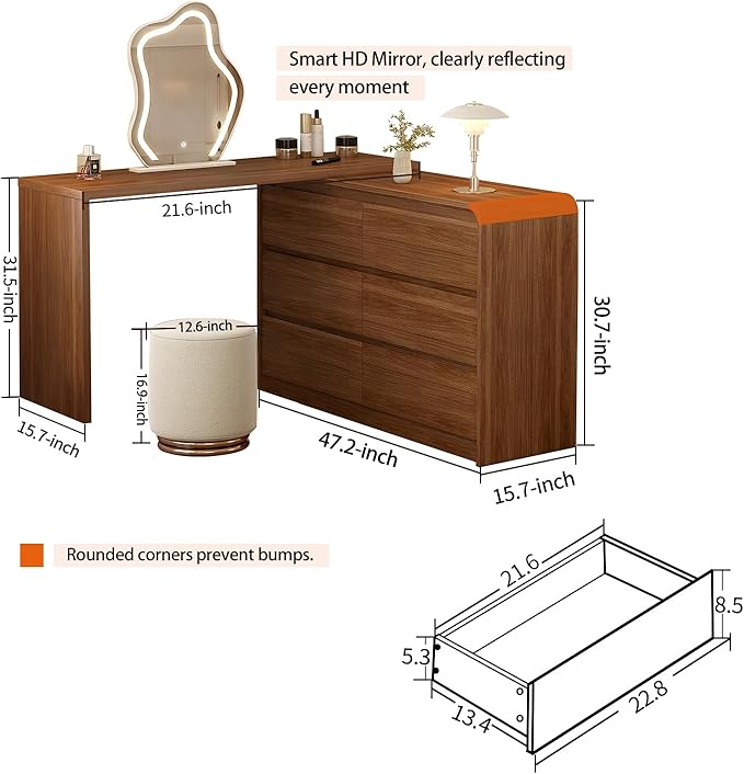 Makeup Vanity Desk with Mirror and Lights, 50-90inch Extendable Mid Century Walnut Makeup Dresser Combo with 47 Inch 6 Drawer Dresser, L Shaped Vanity Desk and Stool, Brown