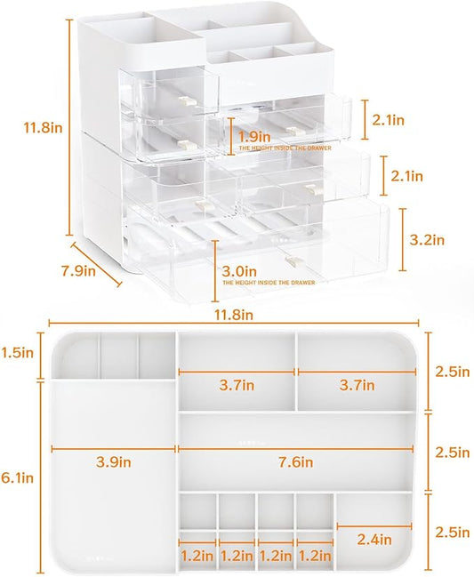 SuoXing Makeup Organizer for Vanity,Large 6 Drawers Make up Organizers for Counter,Plastic Cosmetic Storage Organizer for Dresser Countertop or Bathroom,Beauty Holder for Lipstick,Brush,Skincare,White