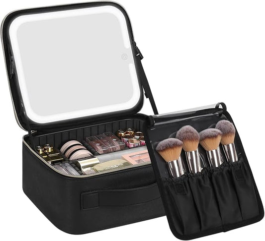 Chomeiu Makeup Bag with LED Mirror, Travel Makeup Case for Women and Makeup Artists Cosmetic Organizer Large Make Up Bags with Light Up Mirror, 3 Color Lights with Separate Brush Holder