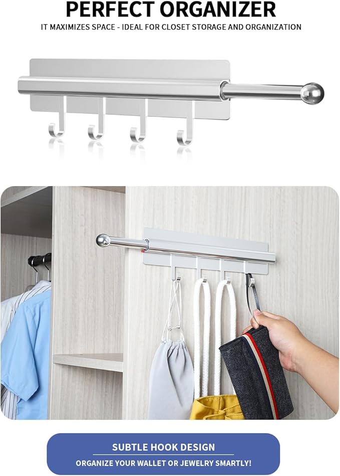 Adhesive Valet Rods for Closets Silvery Closet Valet Rod with Hooks 12 inch valet rod for closet pull out Valet Rods for Closet Storage and Organization Storage Clothes Hanger