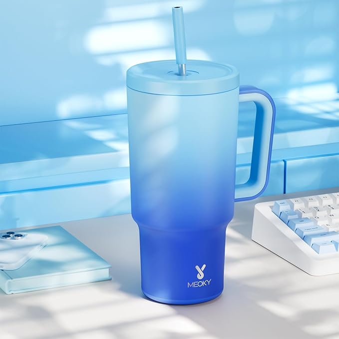 Meoky 30 oz Tumbler with Handle, Tumbler with Lid and Straw, Insulated Stainless Steel Travel Mug, 100% Leak-proof, Cupholder Friendly, Keeps Cold for 24 Hours or Hot for 8 Hours (Sky)